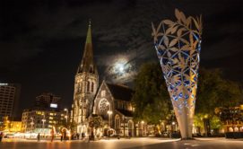 Cathedral Square at night with the Christchurch Cathedral and the Chalice Sculpture (by Neil Dawson) Canterbury, New Zealand - stock photo, canvas, fine art print